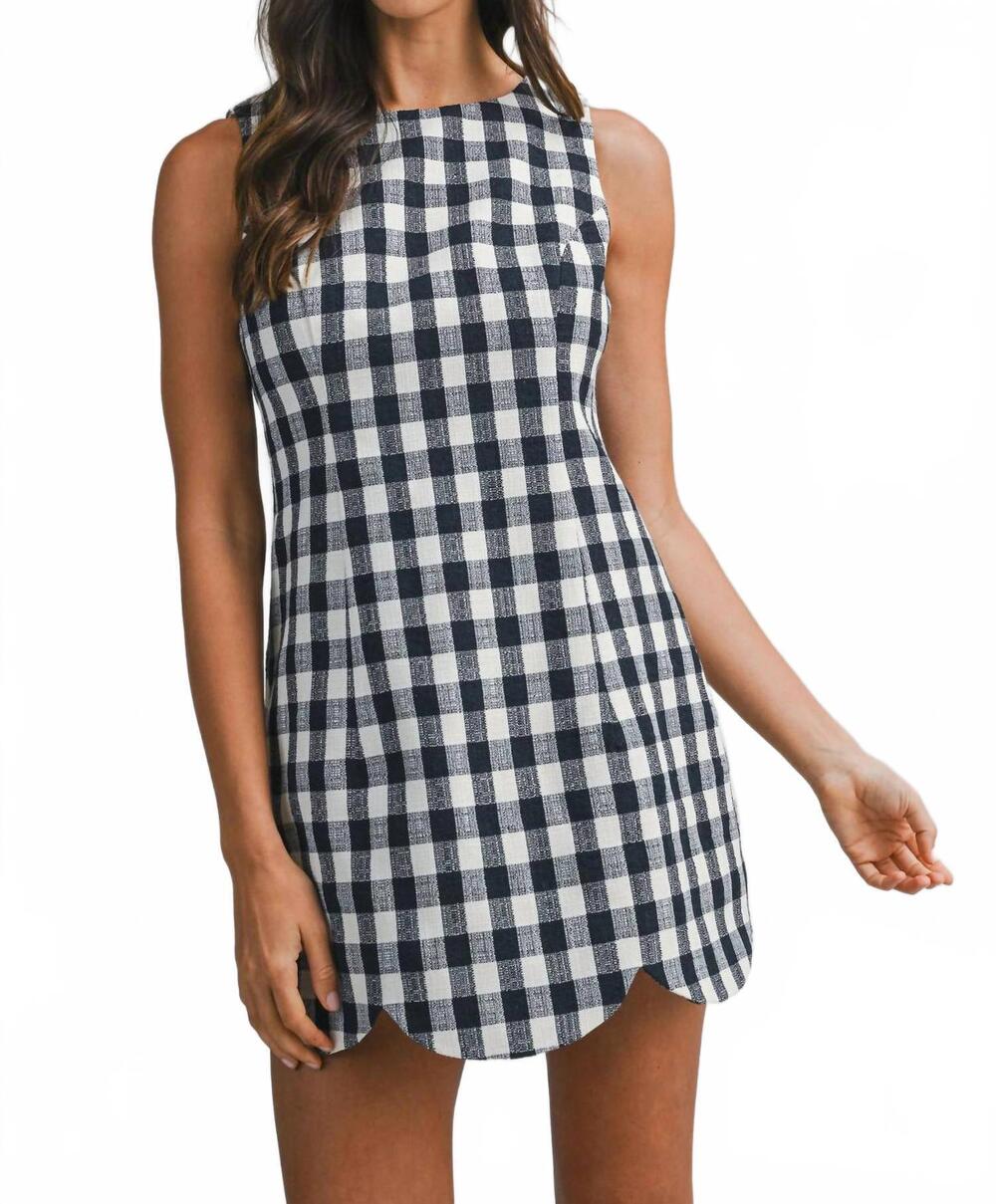 NEW MABLE plaid expectations scallop hem dress in navy/white